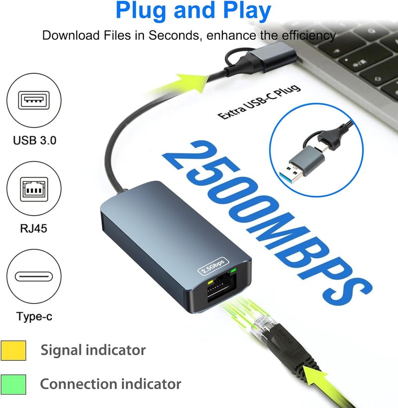 USB C 2.5G Ethernet Adapter, USB 3.0 to RJ45 2500Mbps Ethernet Network Adapter, Compatible with Laptops, PCs with Windows 11/10/8.1/8/7, Vista, Mac OS - Image 4