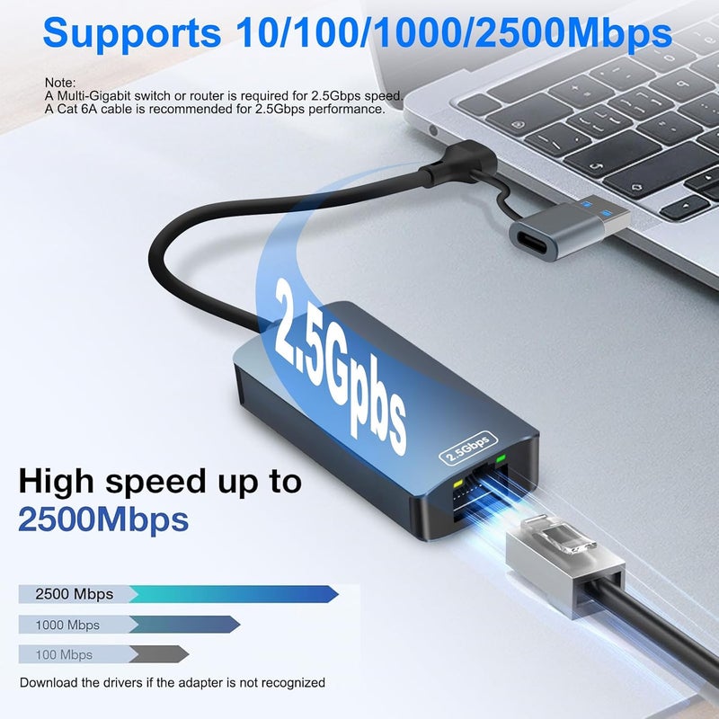 USB C 2.5G Ethernet Adapter, USB 3.0 to RJ45 2500Mbps Ethernet Network Adapter, Compatible with Laptops, PCs with Windows 11/10/8.1/8/7, Vista, Mac OS - Image 2