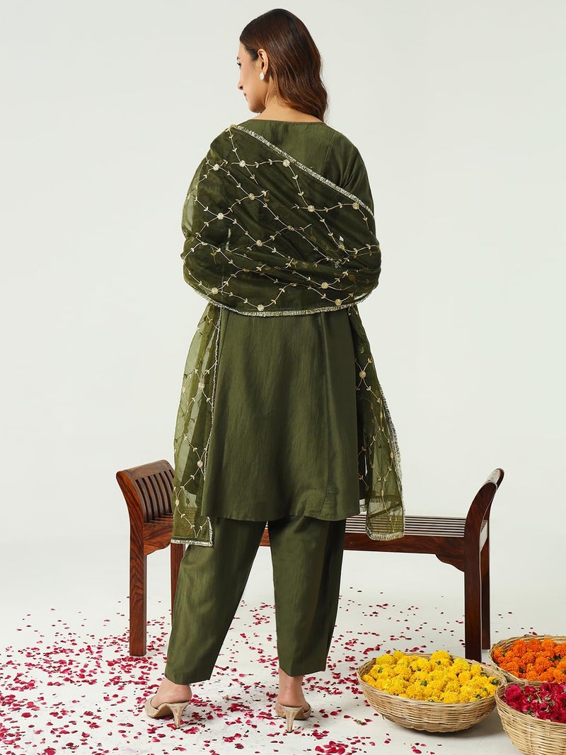 FIORRA Women's Green Silk Blend Angrakha Kurta with Pant and Dupatta SET0165 - Image 2