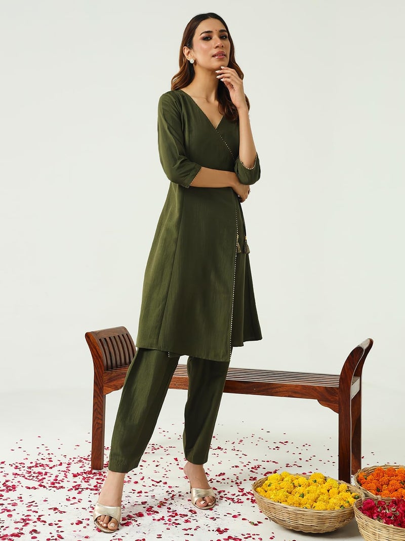 FIORRA Women's Green Silk Blend Angrakha Kurta with Pant and Dupatta SET0165 - Image 3
