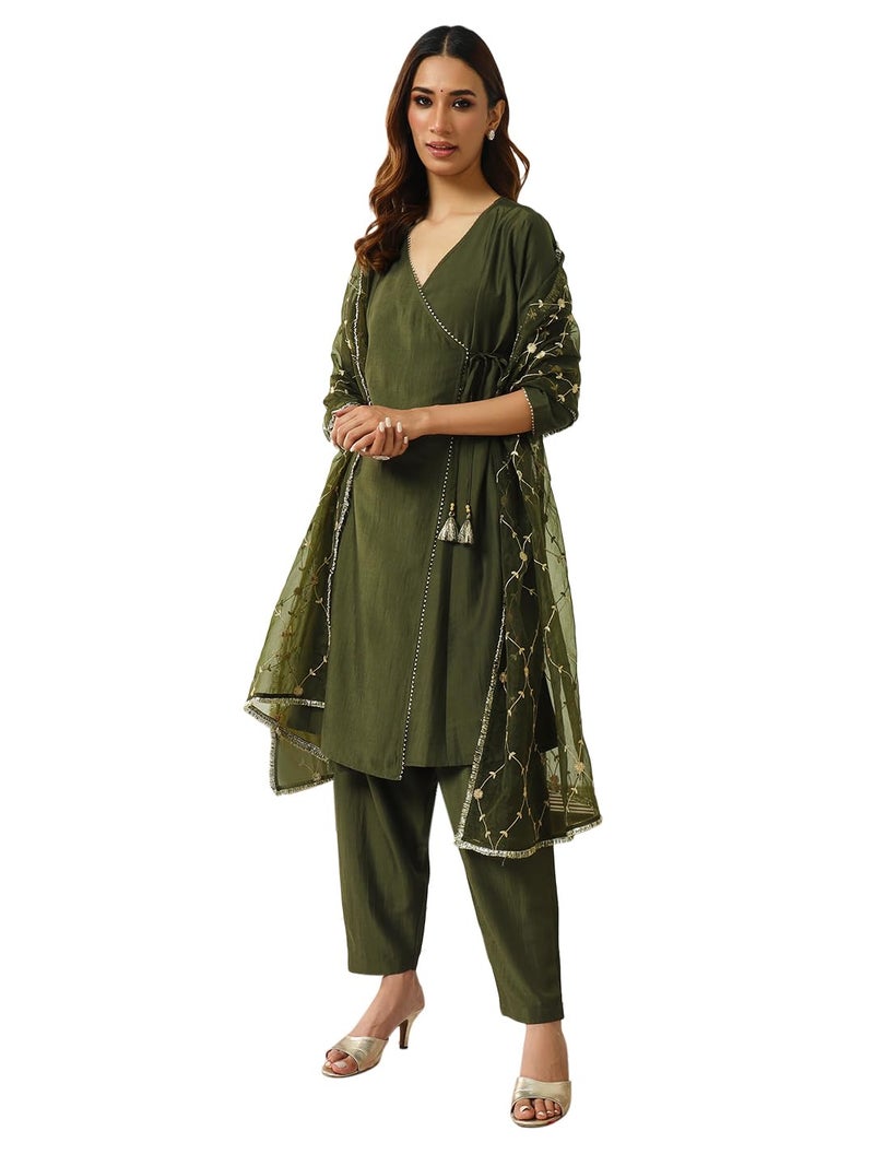 FIORRA Women's Green Silk Blend Angrakha Kurta with Pant and Dupatta SET0165 - Image 1