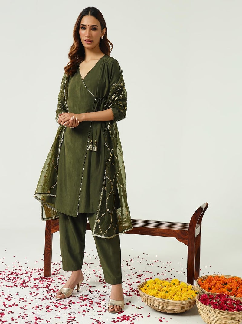 FIORRA Women's Green Silk Blend Angrakha Kurta with Pant and Dupatta SET0165 - Image 4