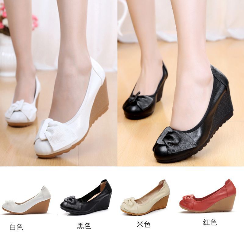 Z Wedge Flats Women'S Soft-Soled Work Shoes Women'S High-Heeled Shoes Leather Shoes Work Shoes Spring & Fall Shallow Mouth Mother'S Shoes - Image 3