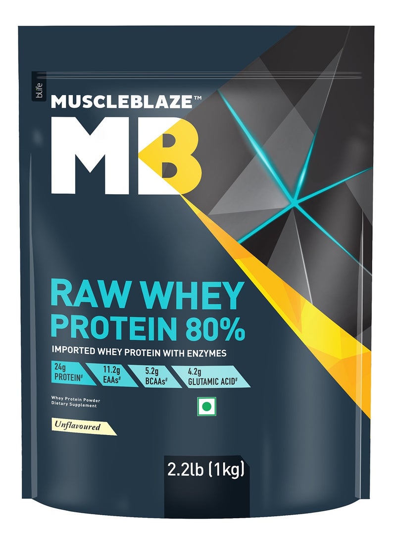 MUSCLEBLAZE - MuscleBlaze Raw Whey Protein Concentrate 80% (Unflavoured, 2.2lbs / 1kg) | 24g Protein Per Scoop - Image 1