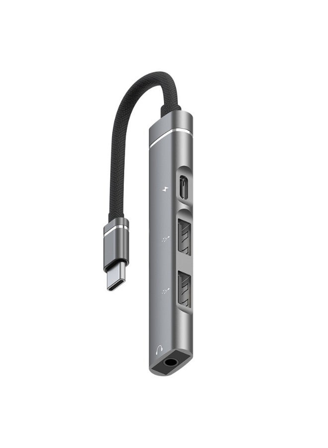 موزّع USB-C - شحن Type C ومنفذا USB ومنفذ صوت 3.5 ملم - 4 منافذ - رمادي
