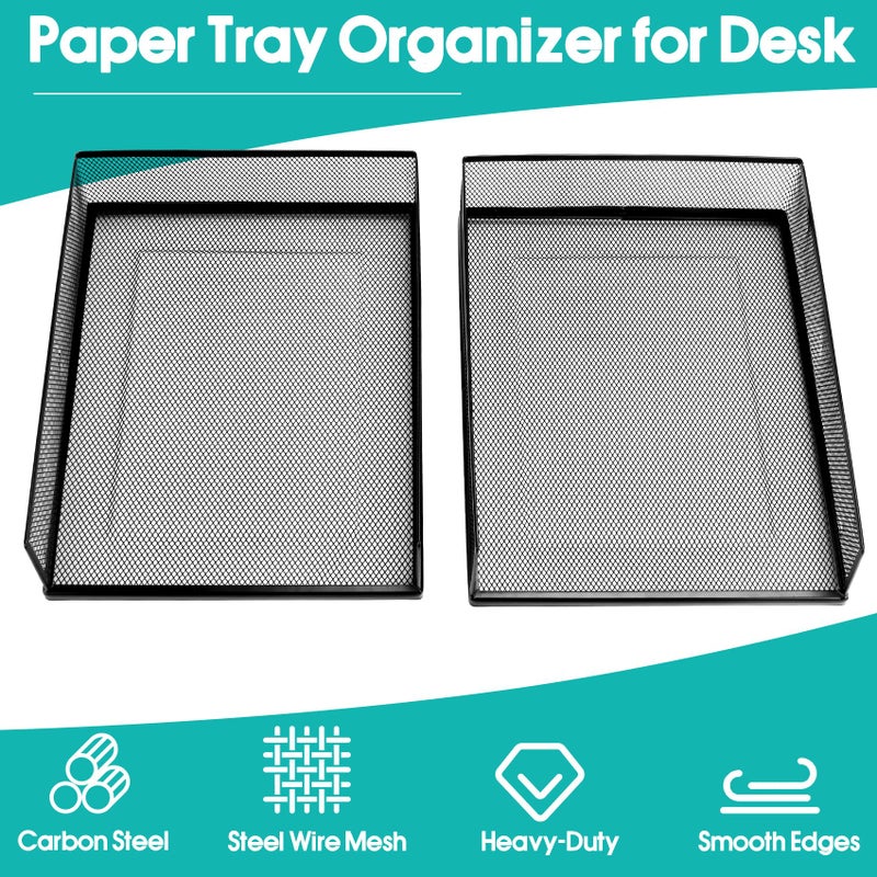 AZFUNN Wire Mesh Letter Trays Paper Tray Desk File Organizer, 2 Pack Stackable Metal Front-Load Documents Tray for Office Supplies File (Lengthways) - Image 4