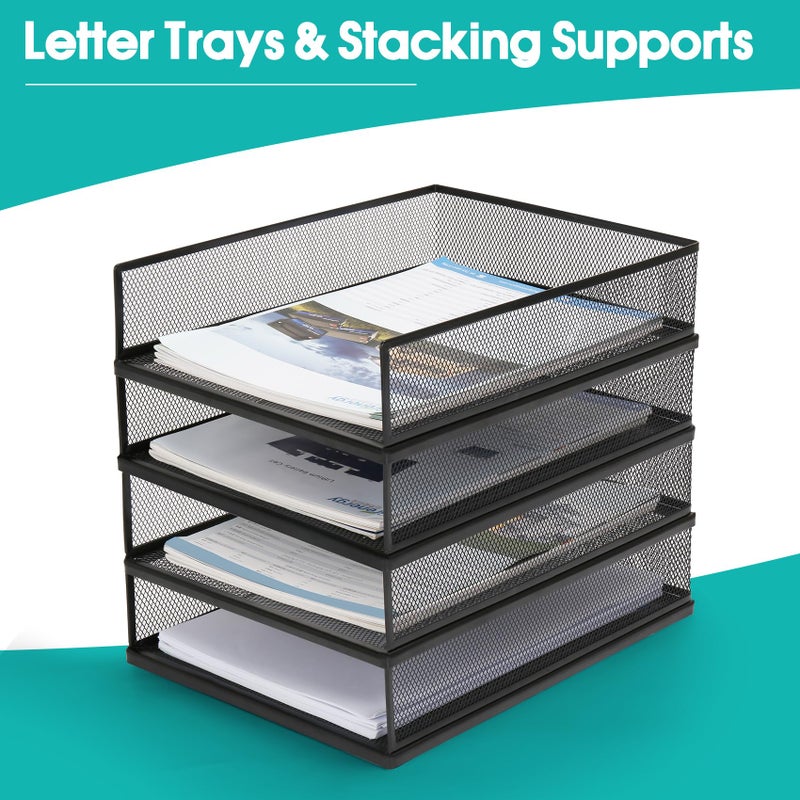 AZFUNN Wire Mesh Letter Trays Paper Tray Desk File Organizer, 2 Pack Stackable Metal Front-Load Documents Tray for Office Supplies File (Lengthways) - Image 3