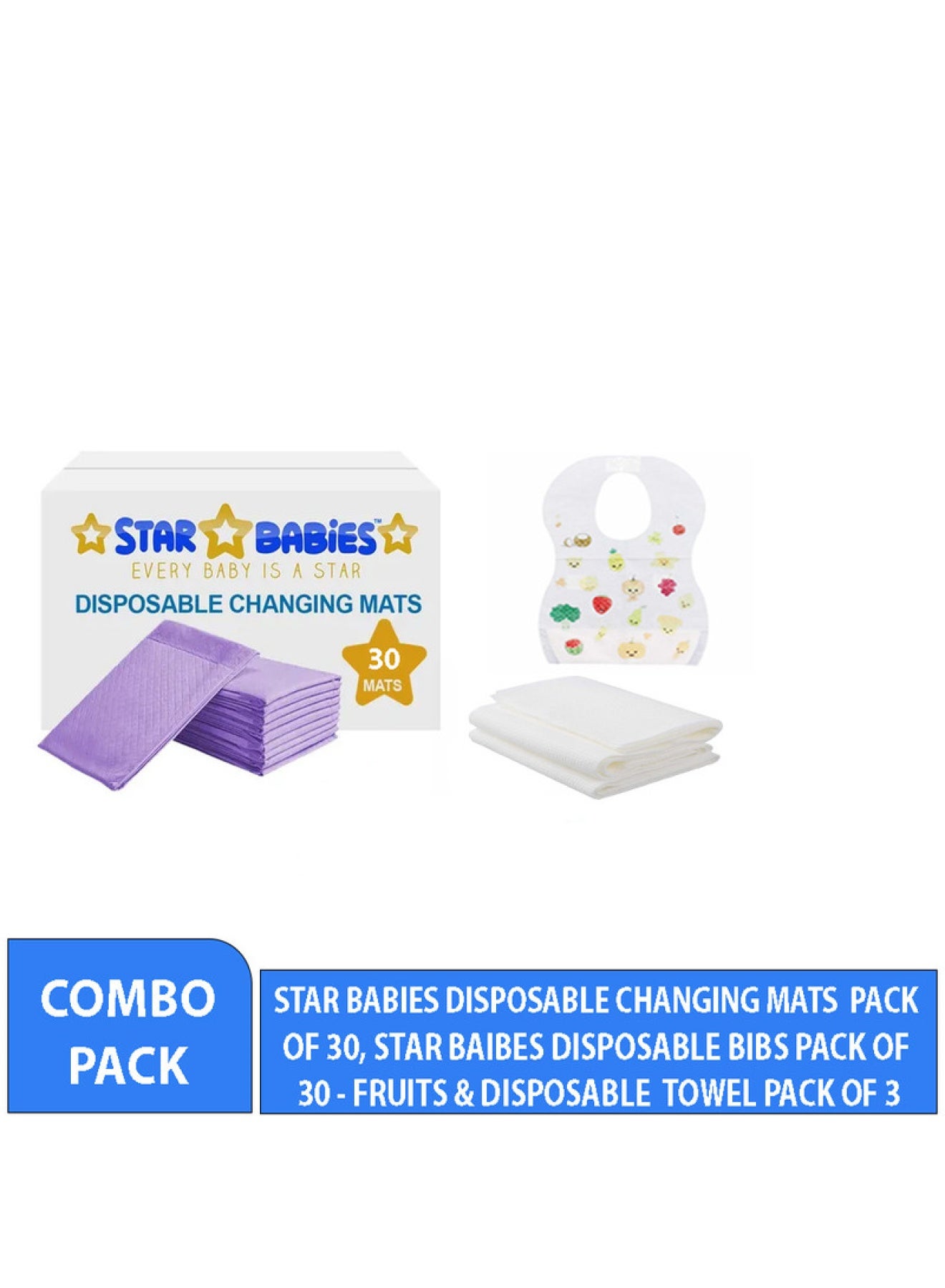 STAR BABiES Combo Pack Pack Disposable Changing Mat 30Pcs Disposable Towel 3Pcs Bibs 30Pcs Lavender
