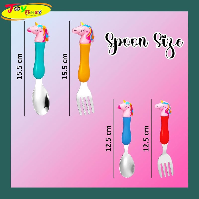 Joy Buzz Cutlery Set - 4 Piece of Stainless Steel Spoon and Fork with Colorful Handles for Toddlers- Pack of 1 (Unicorn Spoon Set) - Image 3