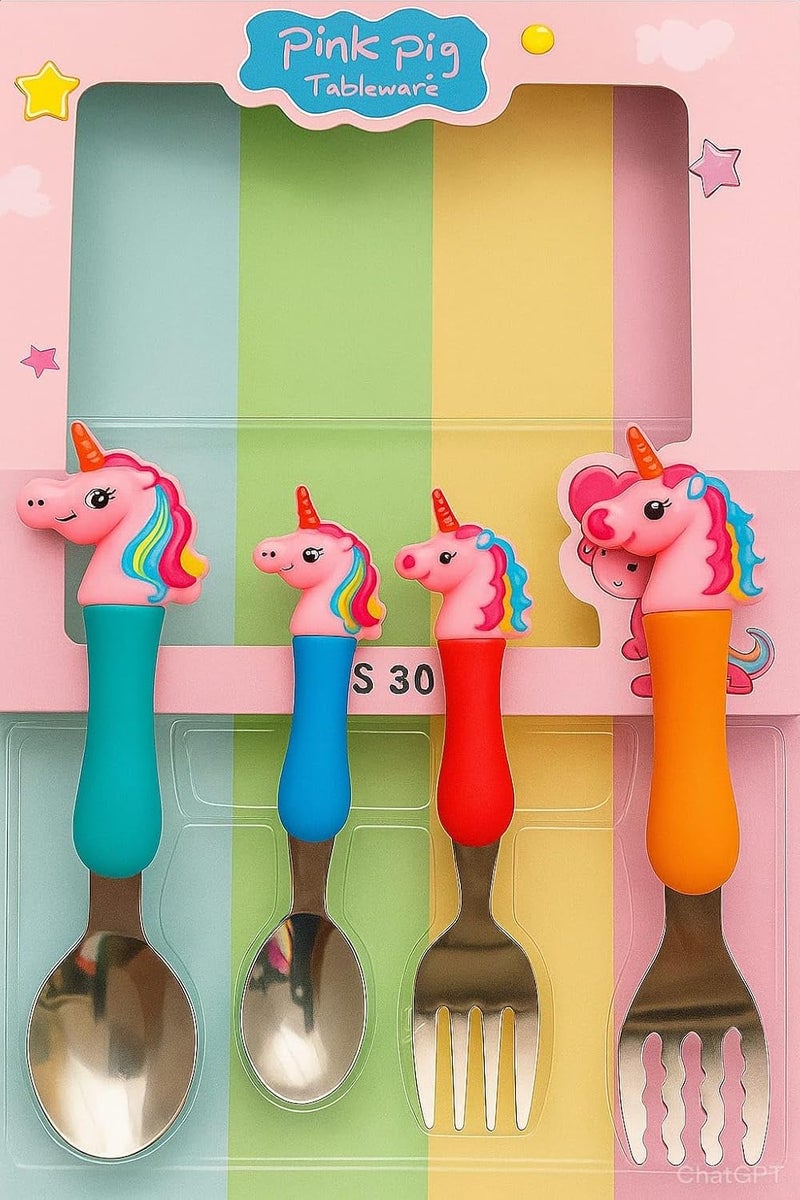 Joy Buzz Cutlery Set - 4 Piece of Stainless Steel Spoon and Fork with Colorful Handles for Toddlers- Pack of 1 (Unicorn Spoon Set) - Image 1