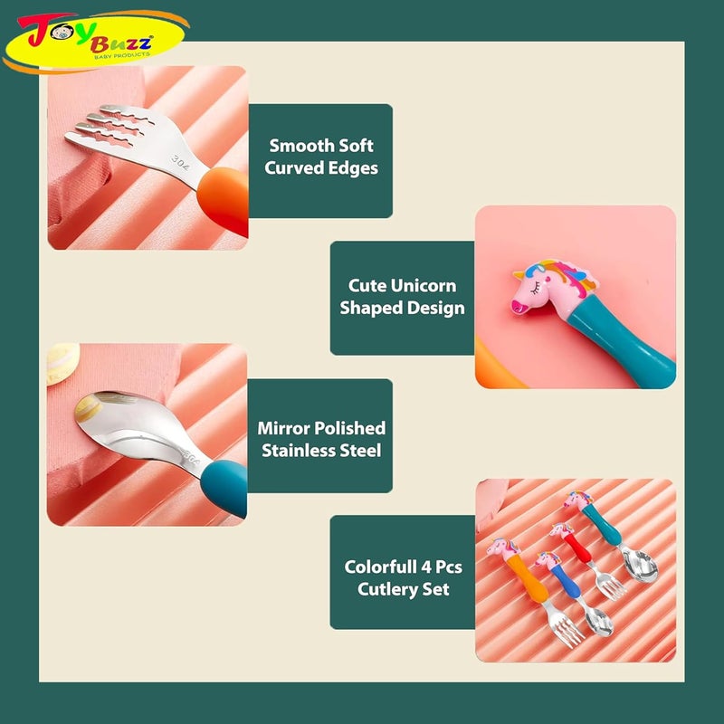 Joy Buzz Cutlery Set - 4 Piece of Stainless Steel Spoon and Fork with Colorful Handles for Toddlers- Pack of 1 (Unicorn Spoon Set) - Image 2