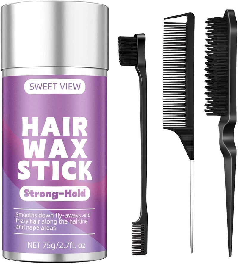 SWEET VIEW Hair Wax Stick & Slick Back Hair Brush Set for Smooth Flyaways, Frizz, Sleek Ponytail, Bun, Styling Accessory for Girls, Kids - Image 1