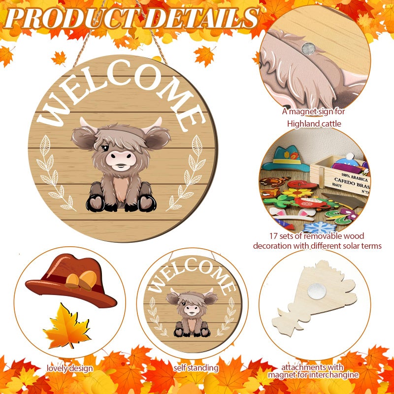 Vicenpal 35 Pcs Holiday Interchangeable Highland Cow Welcome Sign Highland Cow Seasonal Wooden Hanging Door Decor Easter Farmhouse Hanging Sign for Front Door Patriotic Party Decoration(Brown) - Image 4