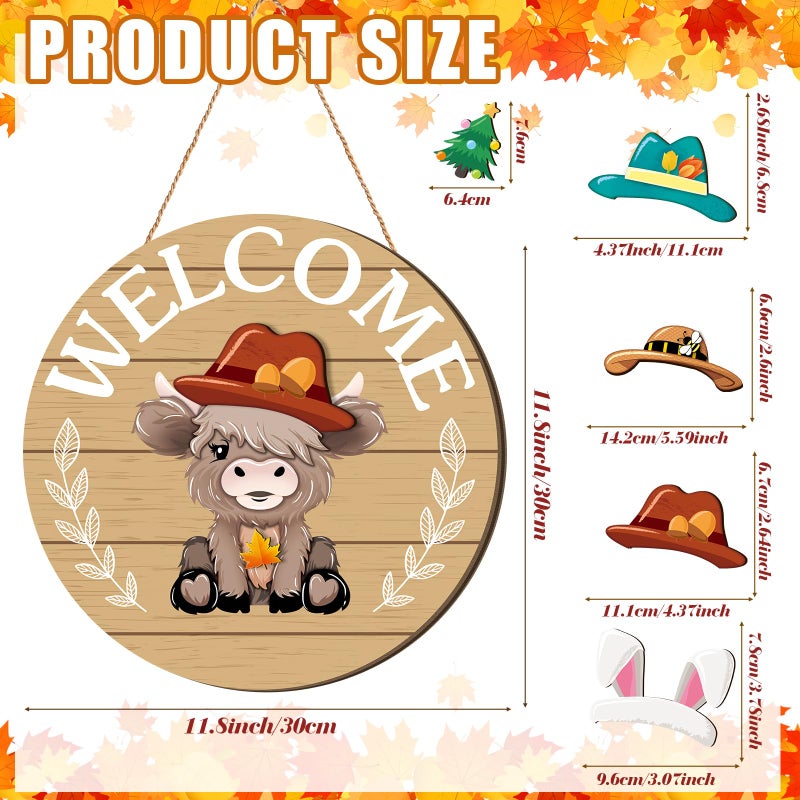 Vicenpal 35 Pcs Holiday Interchangeable Highland Cow Welcome Sign Highland Cow Seasonal Wooden Hanging Door Decor Easter Farmhouse Hanging Sign for Front Door Patriotic Party Decoration(Brown) - Image 3