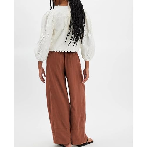 SeeLuNa Linen Pants for Women Cotton Baggy Boho Casual Palazzo Pants Wide Leg Long Lounge Trousers with Pockets(Brick-Red, L) - Image 4