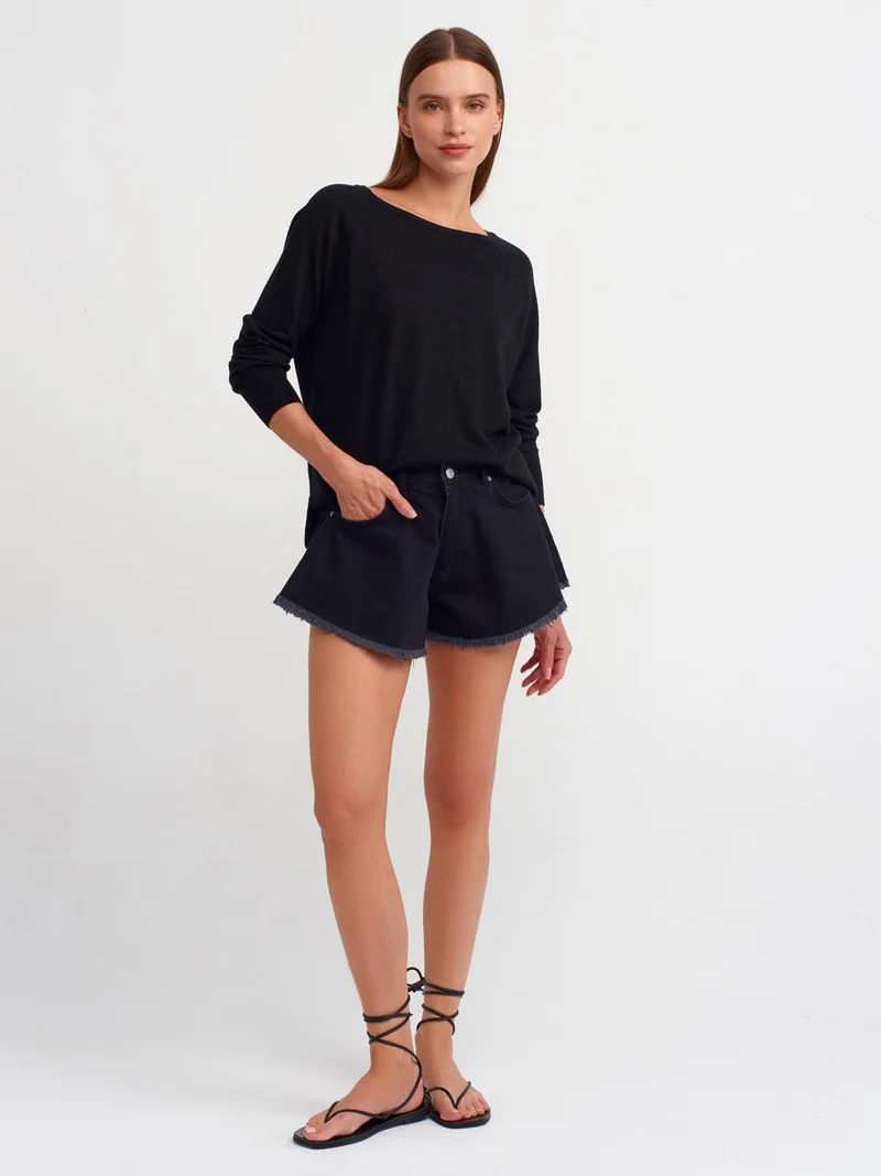 Dilvin 10557 Crew Neck Glittery Basic Thin Knit Sweater-Black