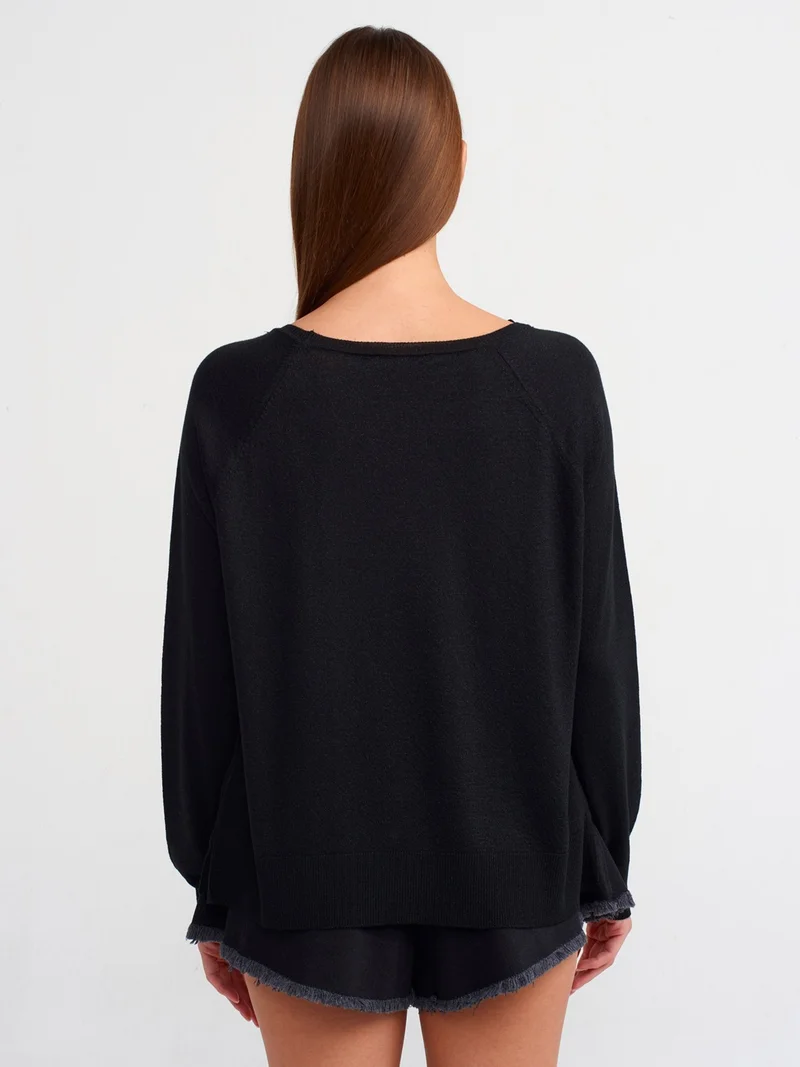 Dilvin 10557 Crew Neck Glittery Basic Thin Knit Sweater-Black
