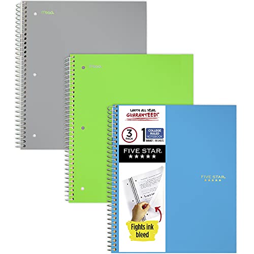 Five Star Spiral Notebooks, 1 Subject, College Ruled Paper, 100 Sheets, 11" x 8-1/2", Teal, Lime, Gray, 3 Pack (73053) - Image 1