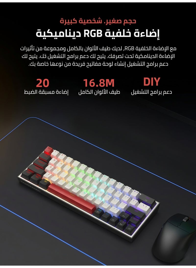 ثوندروبوت ٦٣ مفتاحًا كيبورد عربي انجليزي قيمنق، مفتاح آوتيمو بني، لوحة مفاتيح ألعاب سلكية بتصميم ٦٠٪ مع مفاتيح أسهم، قابلة للتبديل السريع، إضاءة RGB للاعبين - أسود/أبيض - Image 4