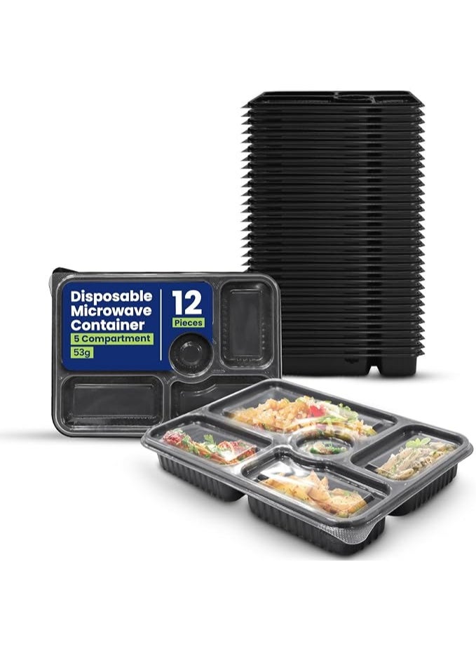 Lynacz Original 12 Pieces Microwave Disposable Container With Lid Rectangular - 5 Compartment Meal Prep Container Set - Plastic Container For Kitchen Food Storage - Take Away Containers For Lunch Boxes - Image 1