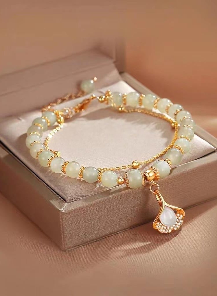 سوار مزدوج الطبقات من أوراق الجنكة للنساء | يشم أبيض فاخر | رمز الحب الأبدي | هدية مثالية للحبيبة | مجوهرات نسائية فاخرة - Image 1