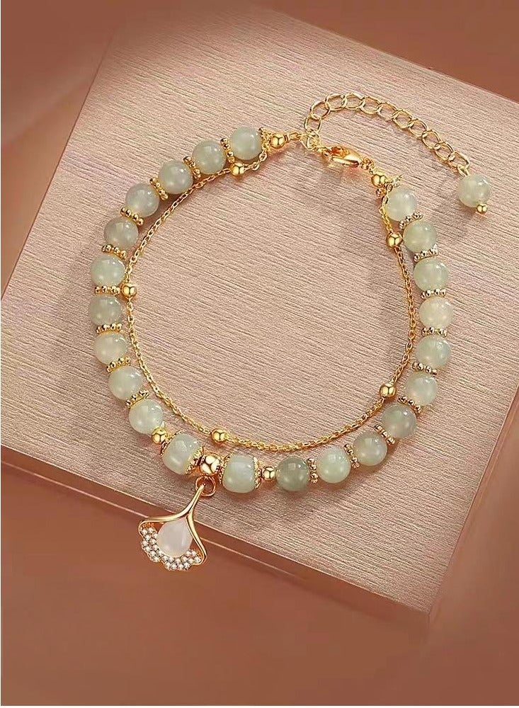 سوار مزدوج الطبقات من أوراق الجنكة للنساء | يشم أبيض فاخر | رمز الحب الأبدي | هدية مثالية للحبيبة | مجوهرات نسائية فاخرة - Image 3