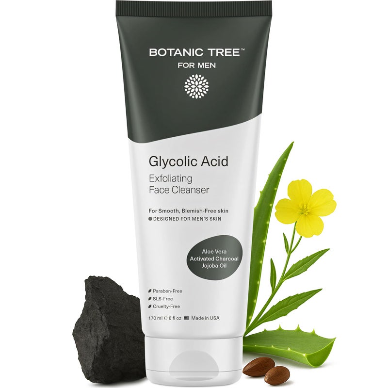 Botanic Tree Glycolic Acid Face Wash for Men - Facial Cleanser, Scrub - 10% Glycolic Acid with Activated Charcoal - 6 fl oz - Image 1