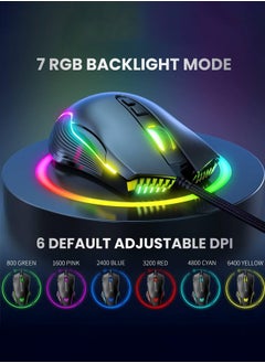 onikuma CW905 Wired Gaming Mouse,RGB 6400 DPI LED Optical USB 7 Buttons  for Gamer Computer Laptop PC Desktop  - Image 5