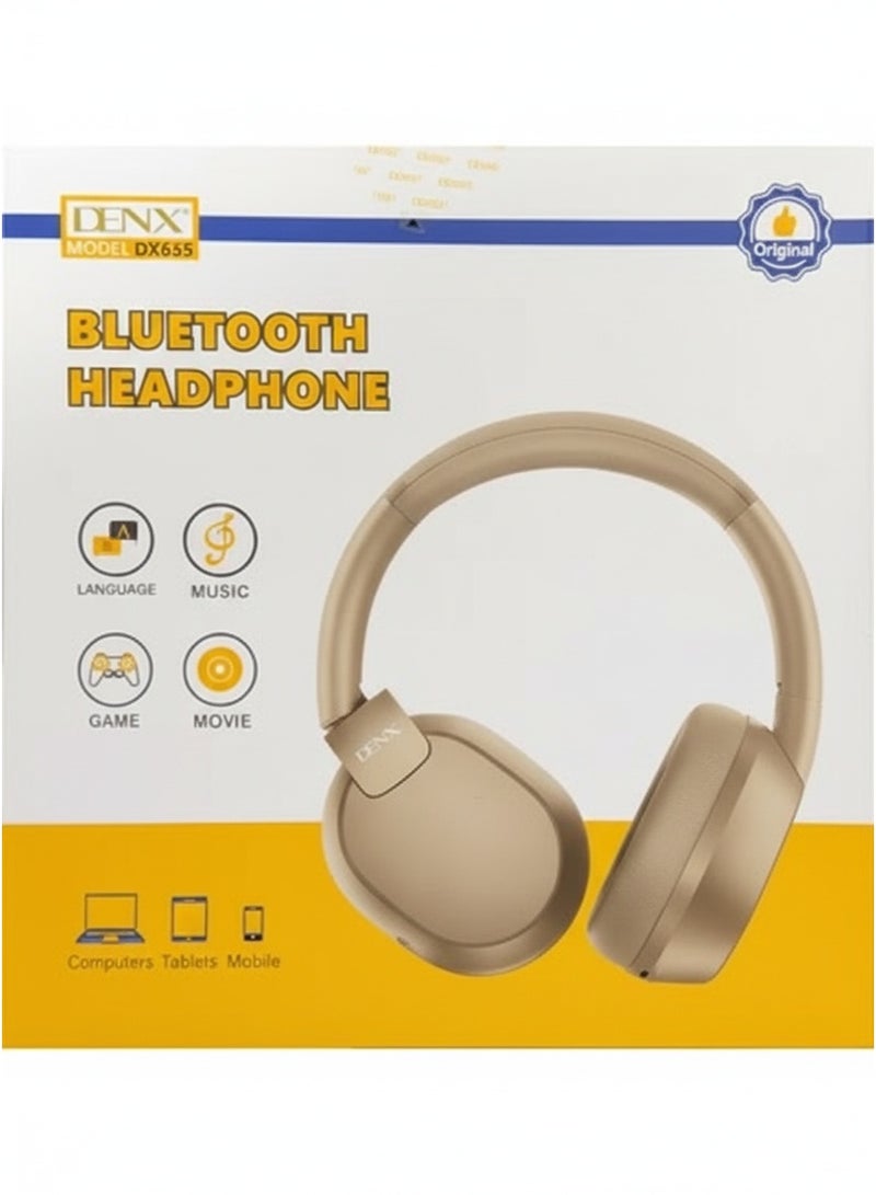 Denx DENX Wireless Bluetooth Headphones with Mic, Over-Ear Foldable Headset with Deep Bass, 15H Battery, Type-C Charging, TF Card Support, Compatible with Android, iPhone, Laptop, DX655 (Beige) - Image 1