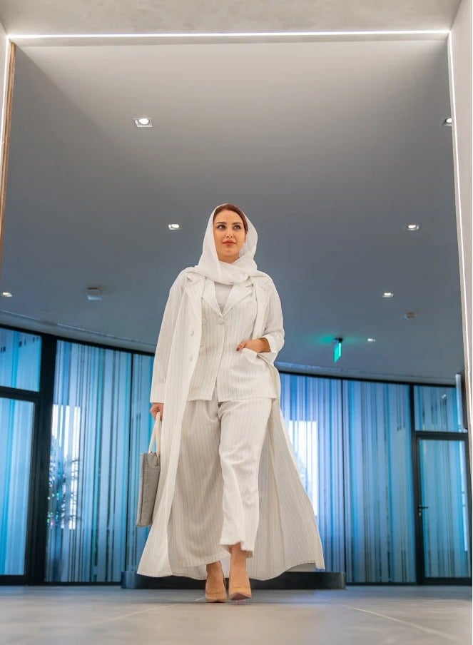Teraz White striped formal suit abaya for business and events - Image 4
