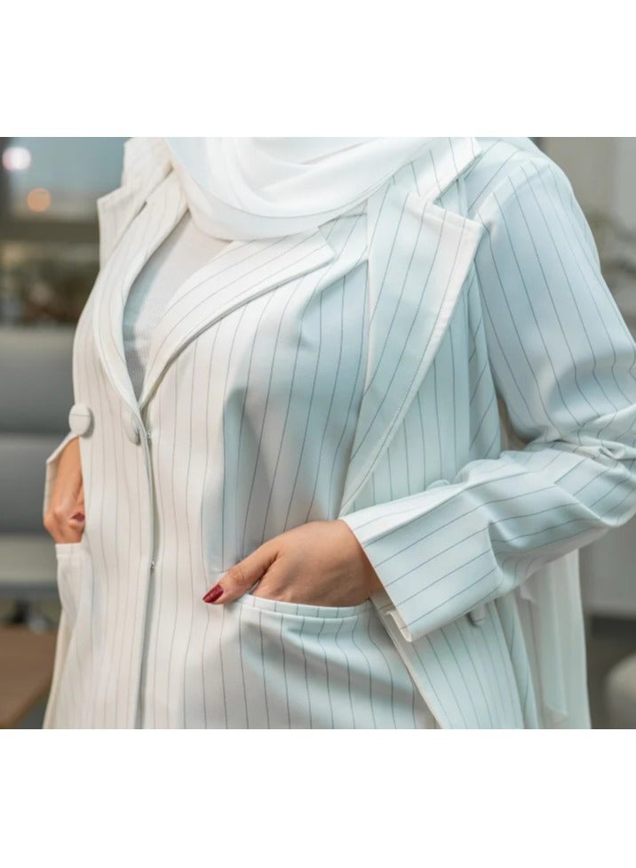 Teraz White striped formal suit abaya for business and events - Image 3