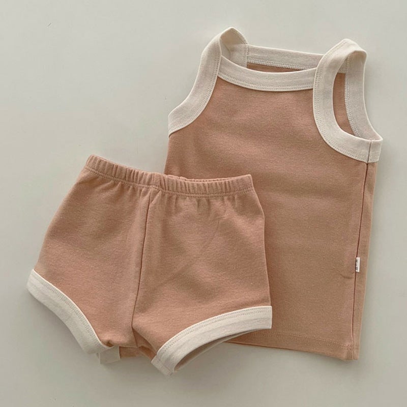 Summer Cotton Baby Vest and Shorts Set pure bean orange 