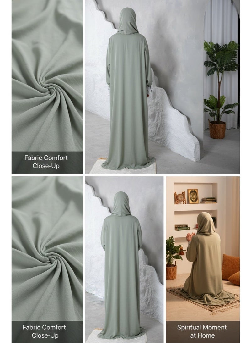 KESSAA Larin Women’s Premium Prayer Isdal – Luxury Silk-Cotton Full-Coverage Salah Dress with Integrated Head Scarf | Lightweight, Breathable, Modest Wear for Home, Travel & Mosque – Light Green - Image 5