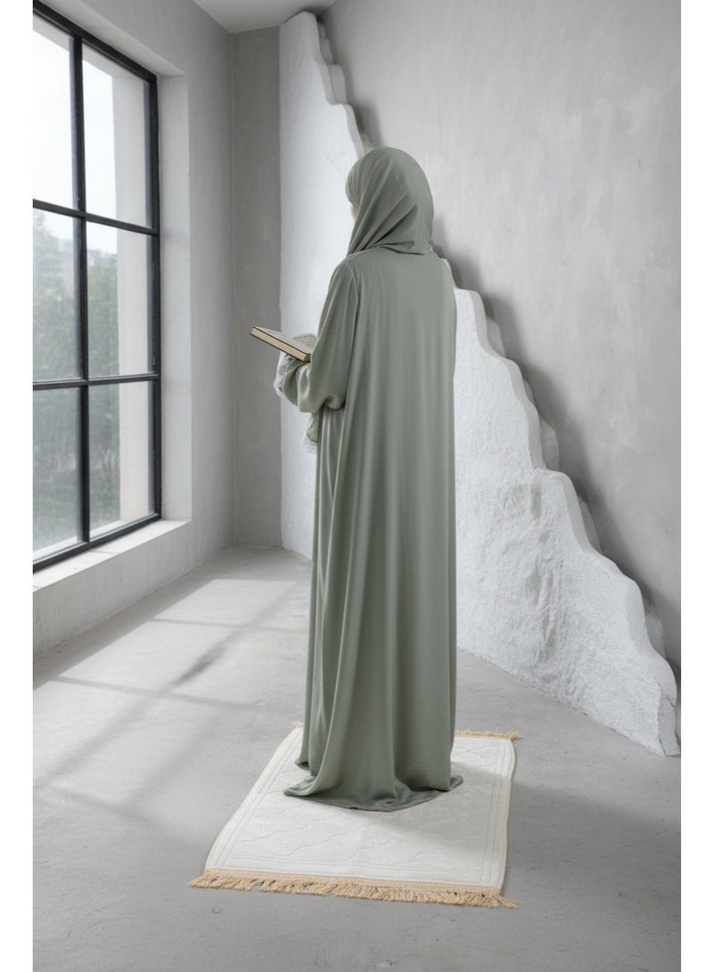 KESSAA Larin Women’s Premium Prayer Isdal – Luxury Silk-Cotton Full-Coverage Salah Dress with Integrated Head Scarf | Lightweight, Breathable, Modest Wear for Home, Travel & Mosque – Light Green - Image 2
