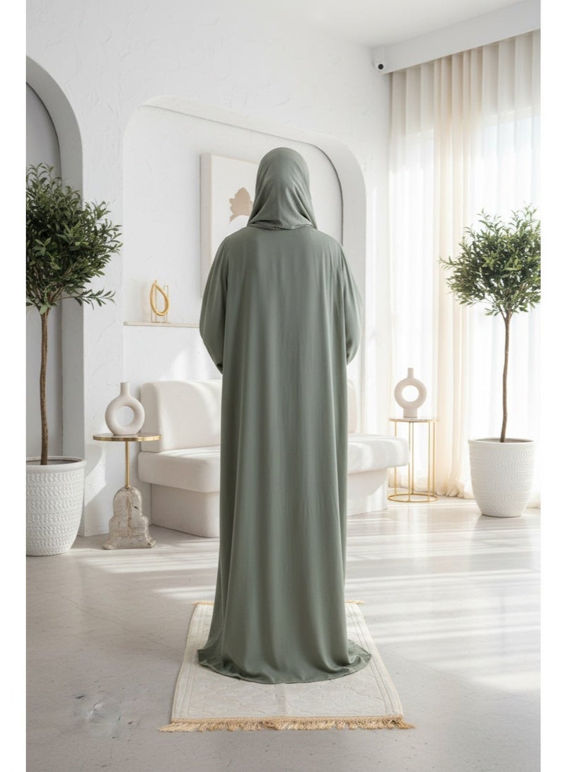KESSAA Larin Women’s Premium Prayer Isdal – Luxury Silk-Cotton Full-Coverage Salah Dress with Integrated Head Scarf | Lightweight, Breathable, Modest Wear for Home, Travel & Mosque – Light Green - Image 3