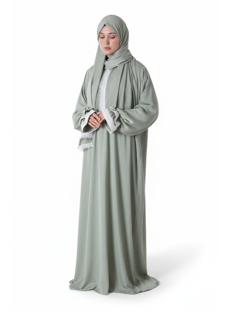 KESSAA Larin Women’s Premium Prayer Isdal – Luxury Silk-Cotton Full-Coverage Salah Dress with Integrated Head Scarf | Lightweight, Breathable, Modest Wear for Home, Travel & Mosque – Light Green - Image 1