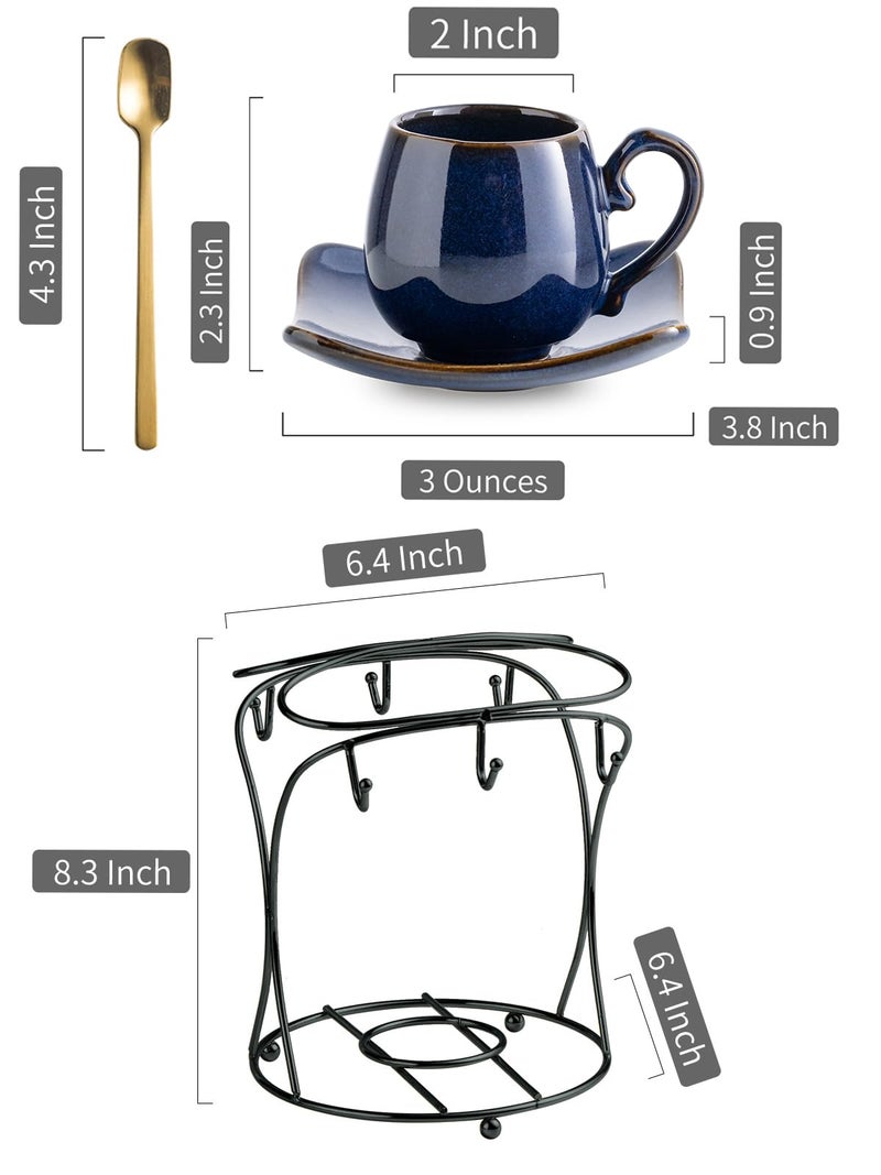 LYEOBOH 3oz Espresso Cups with Saucers, Small Coffee Cups Set of 6 with Spoons and Metal Stand, Ceramic Cute Demitasse Cups for Housewarming Wedding Gift, Cobalt Blue - Image 2