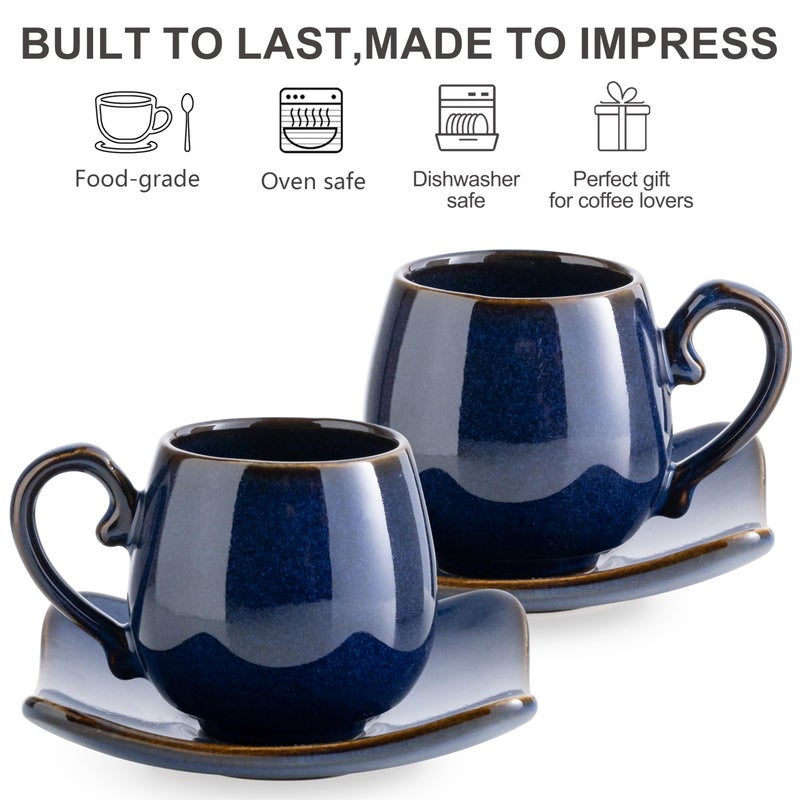 LYEOBOH 3oz Espresso Cups with Saucers, Small Coffee Cups Set of 6 with Spoons and Metal Stand, Ceramic Cute Demitasse Cups for Housewarming Wedding Gift, Cobalt Blue - Image 3