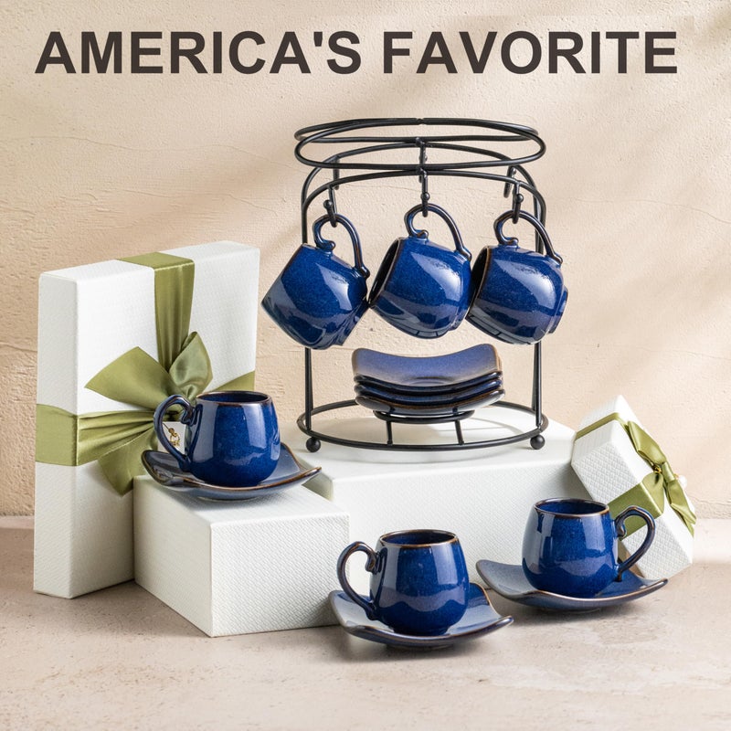 LYEOBOH 3oz Espresso Cups with Saucers, Small Coffee Cups Set of 6 with Spoons and Metal Stand, Ceramic Cute Demitasse Cups for Housewarming Wedding Gift, Cobalt Blue - Image 4