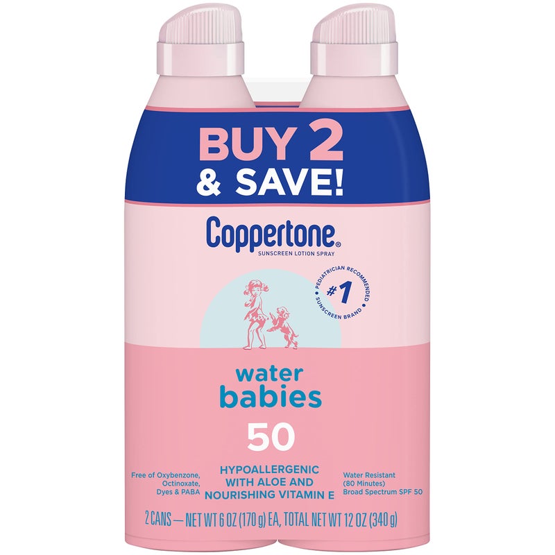 Coppertone WaterBabies Sunscreen Spray SPF 50, Spray On Sunscreen for Babies, Water Resistant, Pediatrician Recommended, 6 Oz, Pack of 2 - Image 1