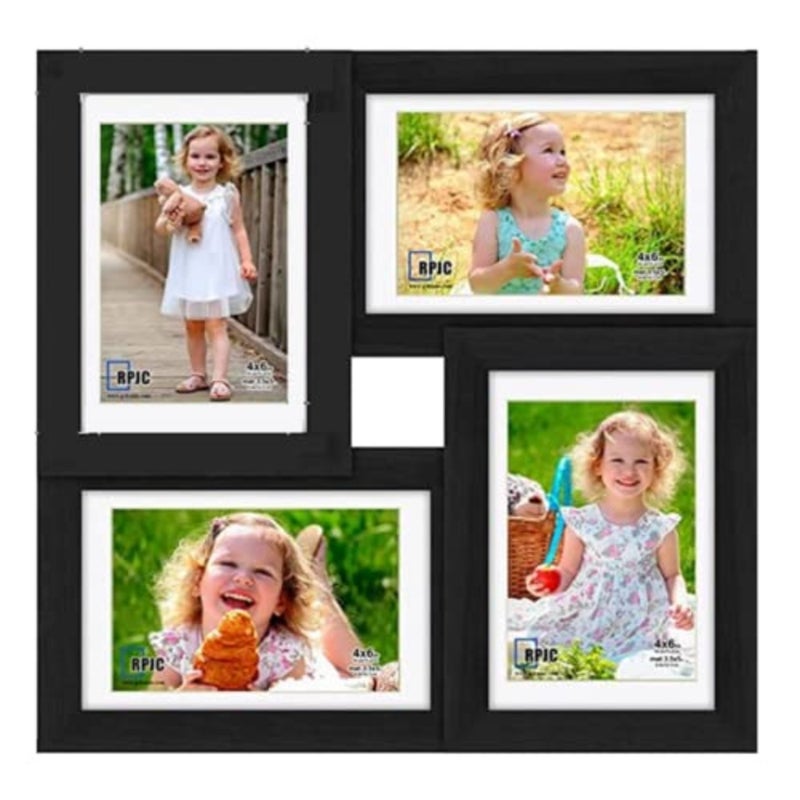 إطار صورة، إطارات صور متعددة باللون الأسود تعرض 4 × 6 صور، 4 إطارات صور عائلية مفتوحة لعرض الطاولة أو الحائط - Image 1