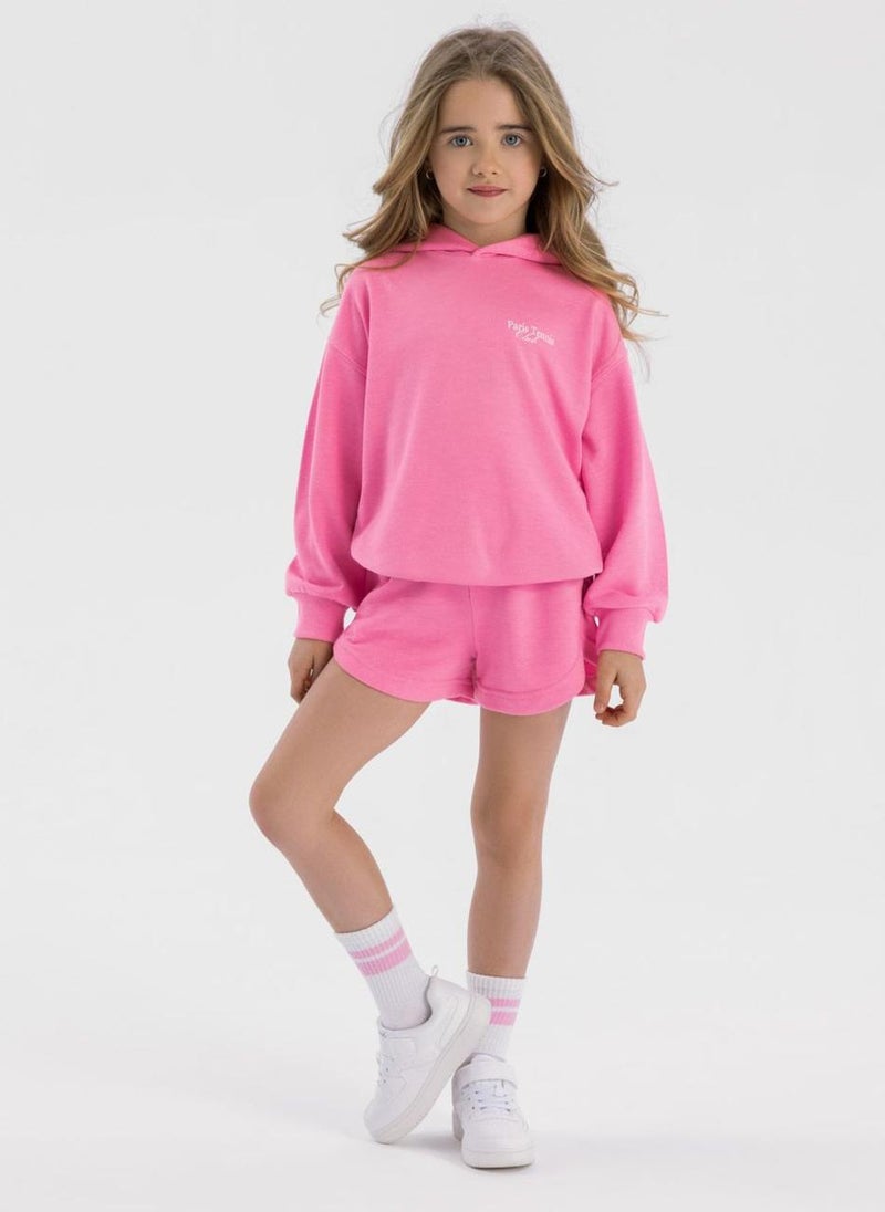 MINOTI Kids Girls Hoodie and Shorts Set with Print and Drawstring - Image 1