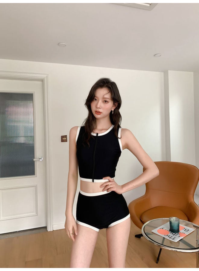 Two-piece Swimsuit New Style And Korean Style Sporty Black And White Push-up Slimming Beach Vacation Small Bust Swimsuit