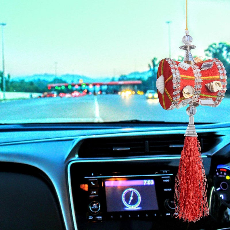 Unique Utilities U & U UNIQUE UTILITIES Car Mirror Hanging Damru | Cloth Car Hanging Shiva Damru | Spiritual Car Interior Decor Accessories, 7 x 6 x 6 cm, Red - Image 4