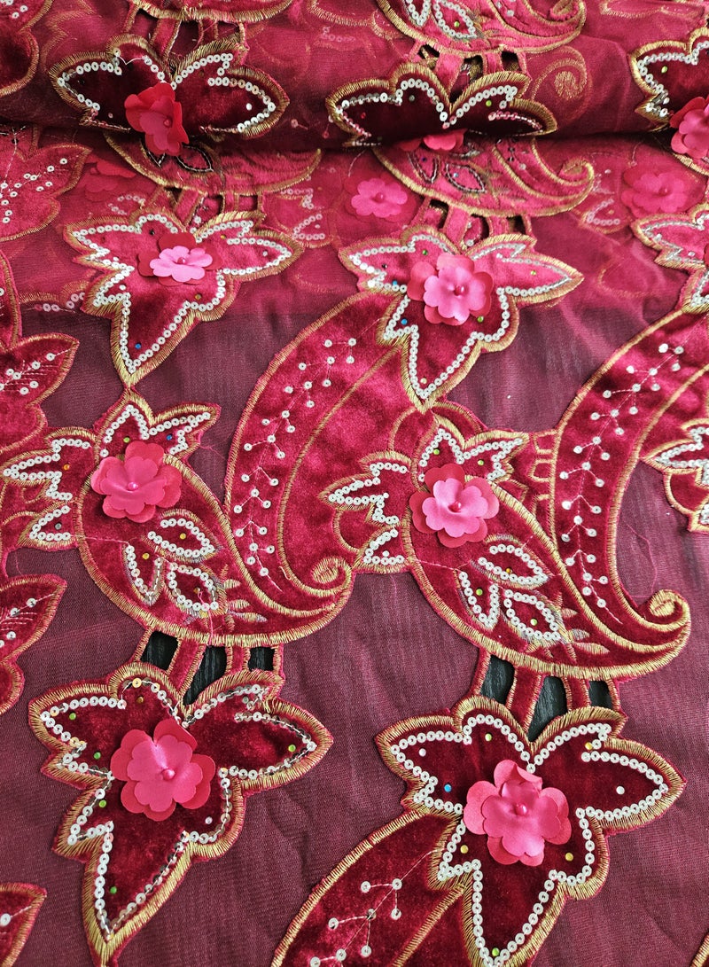 Luxury Embroidered Velvet Fabric Set, Pink with Gold Thread and 3D Flowers, 3.5 Yards with Matching Satin and Net - Image 1