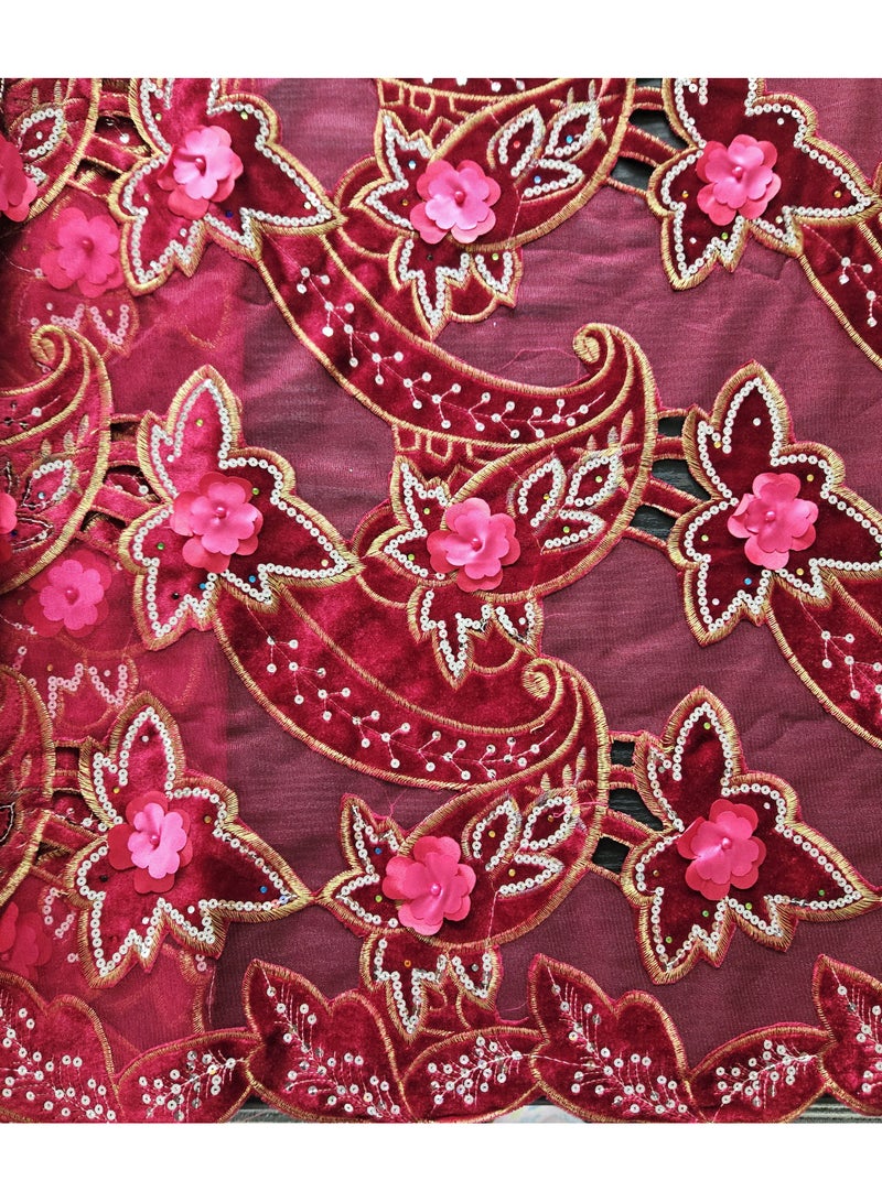 Luxury Embroidered Velvet Fabric Set, Pink with Gold Thread and 3D Flowers, 3.5 Yards with Matching Satin and Net - Image 3