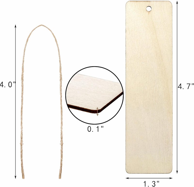 150 Pieces Wood Blank Bookmarks, DIY Wooden Craft Bookmark with Ropes, Christmas Unfinished Hanging Gift Tags Ornaments, Rectangle Crafts Blank for Wedding Birthday Party Decor, 4.7'' x 1.3'' - Image 2