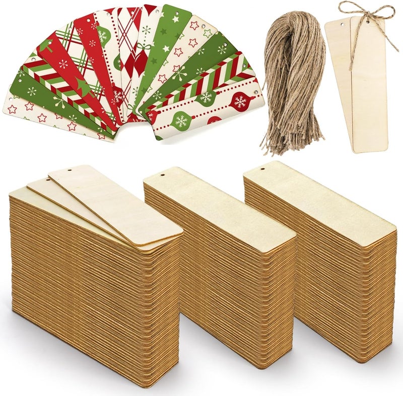 150 Pieces Wood Blank Bookmarks, DIY Wooden Craft Bookmark with Ropes, Christmas Unfinished Hanging Gift Tags Ornaments, Rectangle Crafts Blank for Wedding Birthday Party Decor, 4.7'' x 1.3'' - Image 1