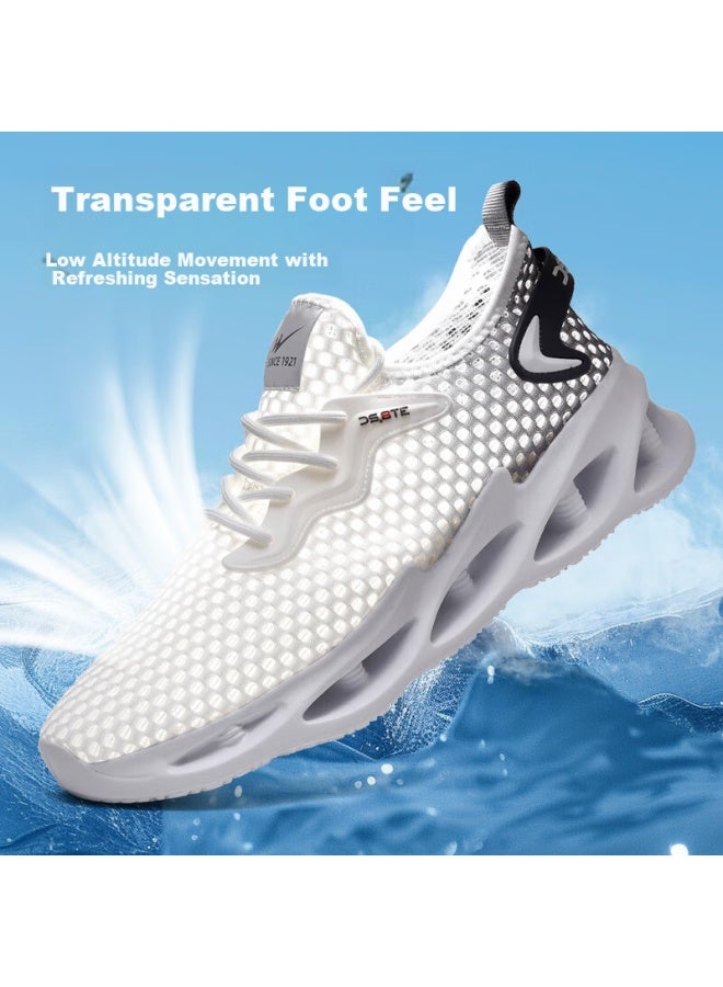Double Star Eight Special Men's Lightweight Summer Breathable Shoes Men's Mesh Casual Shoes Hollow Travel Running Shoes White Light Gray Size 40 - Image 1