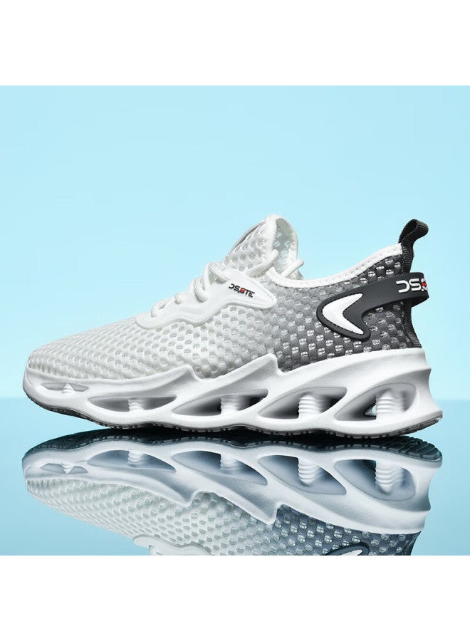 Double Star Eight Special Men's Lightweight Summer Breathable Shoes Men's Mesh Casual Shoes Hollow Travel Running Shoes White Light Gray Size 40 - Image 3